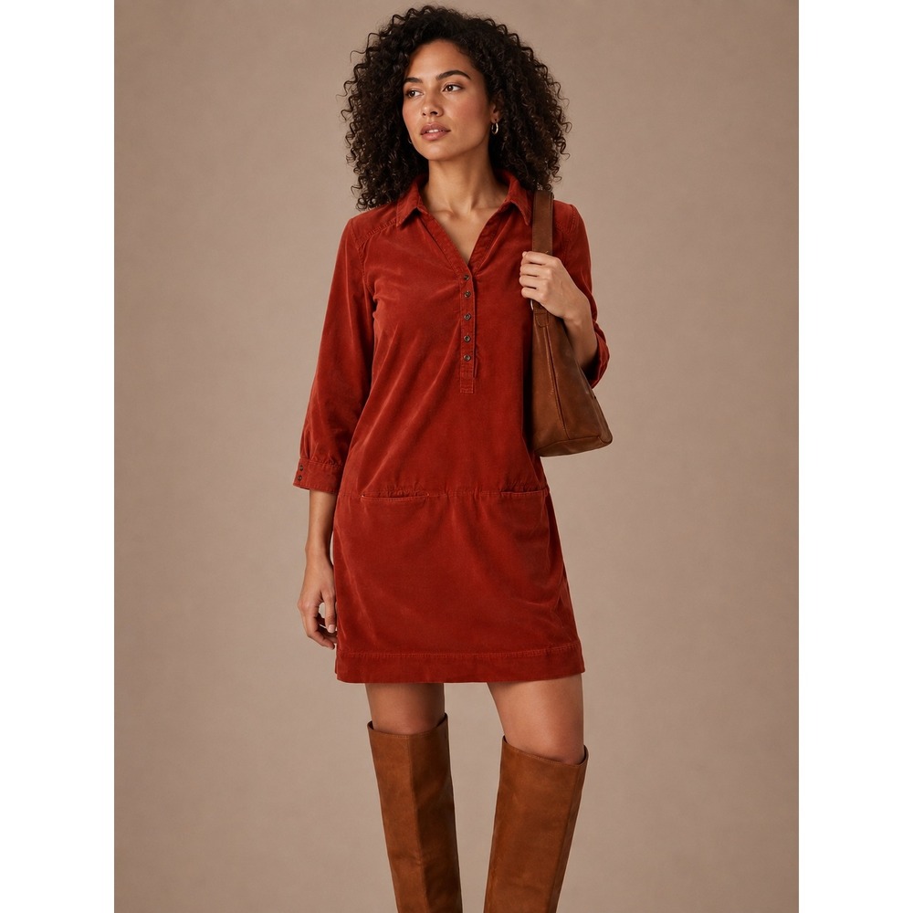 Anthro Odille Women Corduroy Shift Dress 4 Rust Orange Pockets Henley Mod Boho